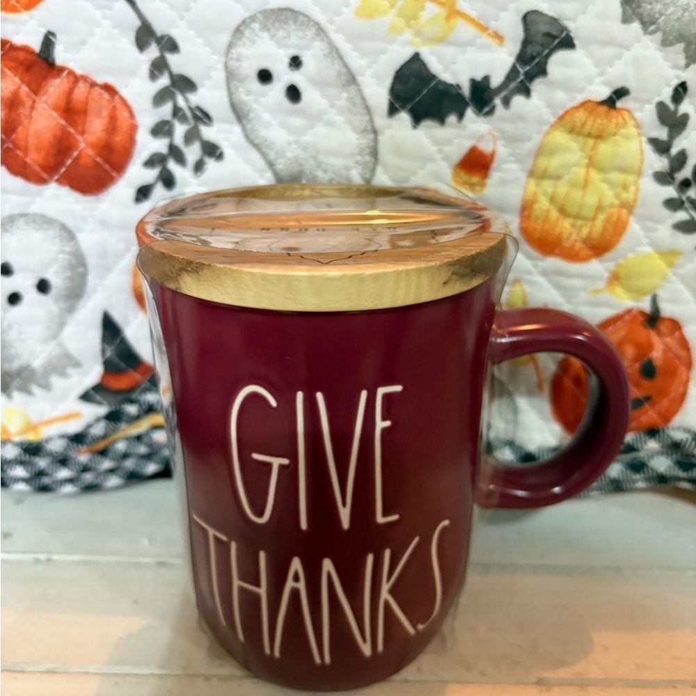 Rae Dunn Deep Red 'Give Thanks' Mug with Wooden Lid